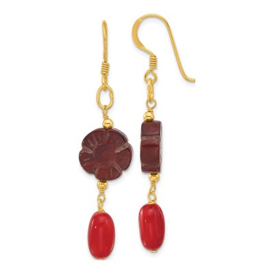 Gold-Plated Sterling Silver Coral Red Jasper Flower Dangle Earrings