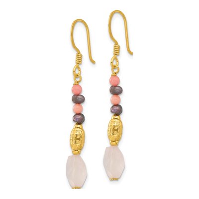 Gold-Plated Sterling Silver Black Freshwater Cultured Pearl Coral Dangle Earrings – view 2