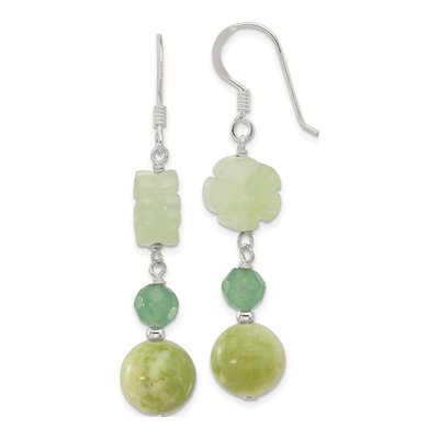 Sterling Silver Aventurine Jade Flower Dangle Earrings