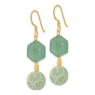 Gold-Plated Sterling Silver Aventurine Jade Hexagon Dangle Earrings – view 3