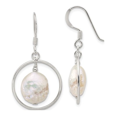 Sterling Silver Freshwater Cultured Pearl Circle Dangle Earrings