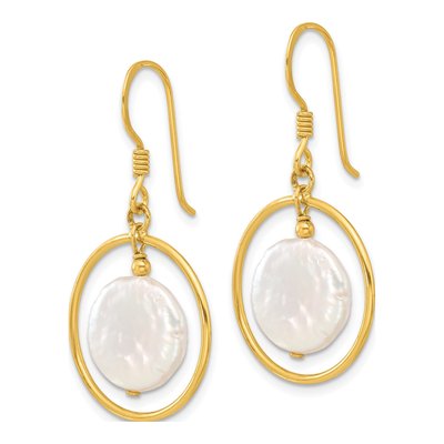 Gold-Plated Sterling Silver Freshwater Cultured Pearl Coin Circle Dangle Earrings – view 2