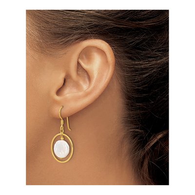 Gold-Plated Sterling Silver Freshwater Cultured Pearl Coin Circle Dangle Earrings – view 3