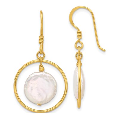 Gold-Plated Sterling Silver Freshwater Cultured Pearl Coin Circle Dangle Earrings