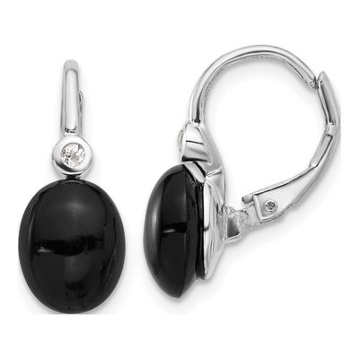 Sterling Silver Onyx & White Topaz Leverback Earrings