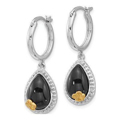 Sterling Silver & 14K Gold Onyx Flower Dangle Earrings – view 3