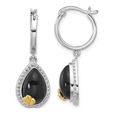 Sterling Silver & 14K Gold Onyx Flower Dangle Earrings