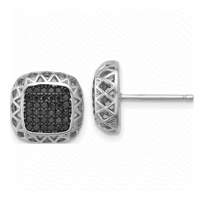 Sterling Silver 1mm Round Black Spinel Square Stud Earrings