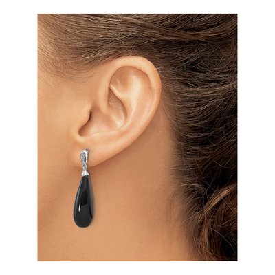 Sterling Silver Onyx & CZ Teardrop Dangle Earrings – view 3