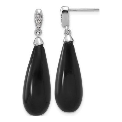 Sterling Silver Onyx & CZ Teardrop Dangle Earrings