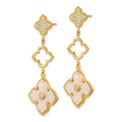 Gold-Plated Sterling Silver Mother of Pearl & CZ MOP Floral Chandelier Earrings – view 2