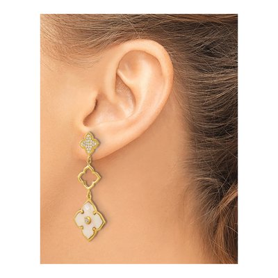 Gold-Plated Sterling Silver Mother of Pearl & CZ MOP Floral Chandelier Earrings – view 3