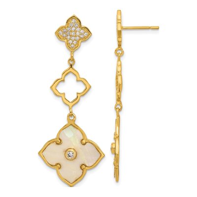 Gold-Plated Sterling Silver Mother of Pearl & CZ MOP Floral Chandelier Earrings