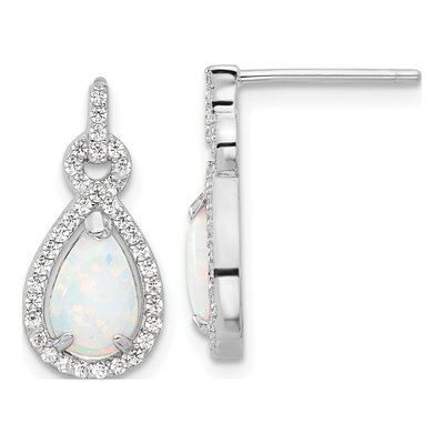 Sterling Silver Lab-Created Opal & CZ Teardrop Dangle Earrings