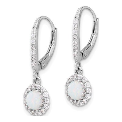 Sterling Silver Lab Opal & CZ Halo Leverback Earrings – view 3