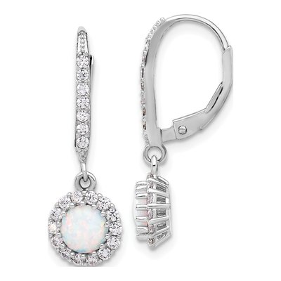 Sterling Silver Lab-Created Opal & CZ Halo Leverback Earrings