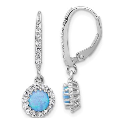 Sterling Silver Lab-Created Opal & CZ Halo Leverback Earrings