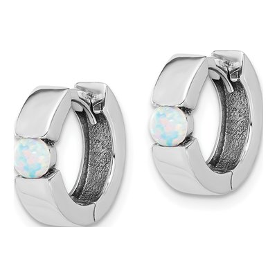 Sterling Silver 14mm Lab-Created Opal Huggie Hoop Earrings – view 3