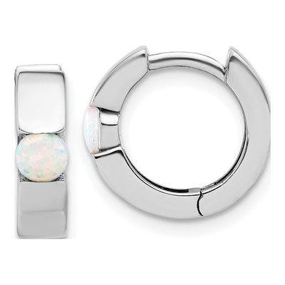 Sterling Silver 14mm Lab-Created Opal Huggie Hoop Earrings