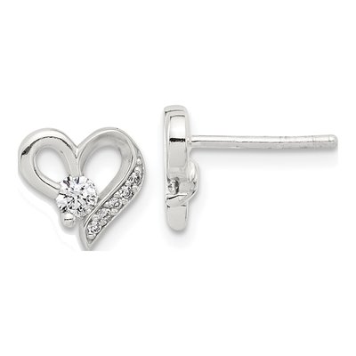 Sterling Silver Round CZ Heart Stud Earrings