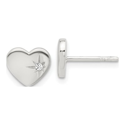Sterling Silver Round CZ Heart Stud Earrings