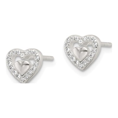 Sterling Silver Round CZ Heart Button Stud Earrings – view 3