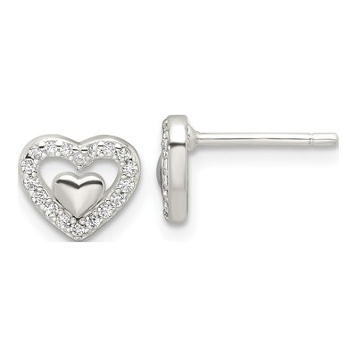 Sterling Silver Round CZ Heart Button Stud Earrings