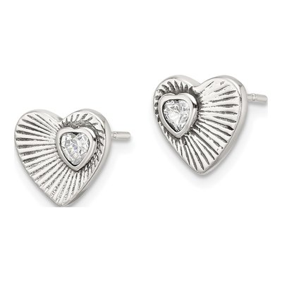 Sterling Silver CZ Antiqued Textured Heart Stud Earrings – view 3