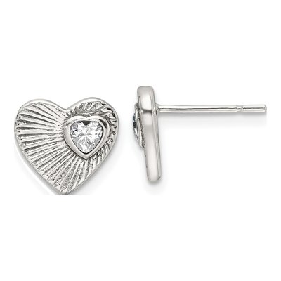 Sterling Silver CZ Antiqued Textured Heart Stud Earrings