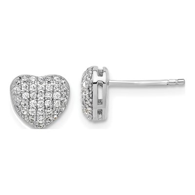 Sterling Silver Round CZ Pave Heart Stud Earrings