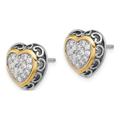 Sterling Silver & 14K Gold Round CZ Cluster Heart Stud Earrings – view 3