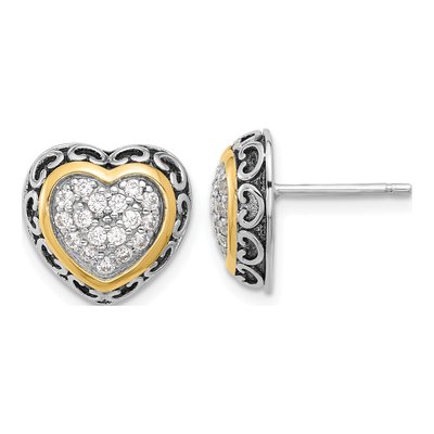 Sterling Silver & 14K Gold Round CZ Cluster Heart Stud Earrings