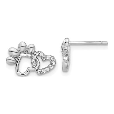 Sterling Silver Round CZ Heart Paw Print Stud Earrings