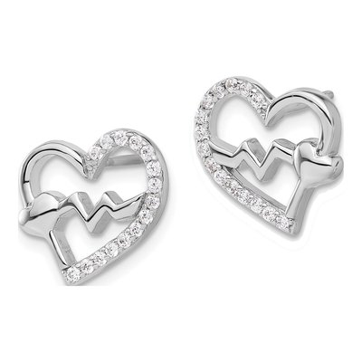 Sterling Silver Round CZ Heartbeat Heart Stud Earrings – view 3
