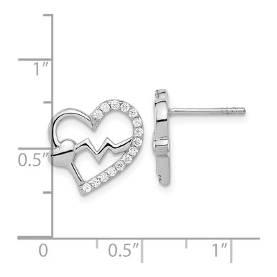 Sterling Silver Round CZ Heartbeat Heart Stud Earrings – view 5