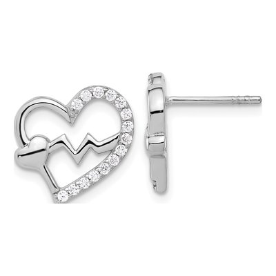 Sterling Silver Round CZ Heartbeat Heart Stud Earrings