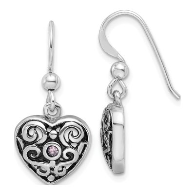 Sterling Silver CZ Filigree Heart Dangle Earrings