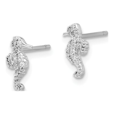 Sterling Silver Round CZ Seahorse Stud Earrings – view 3