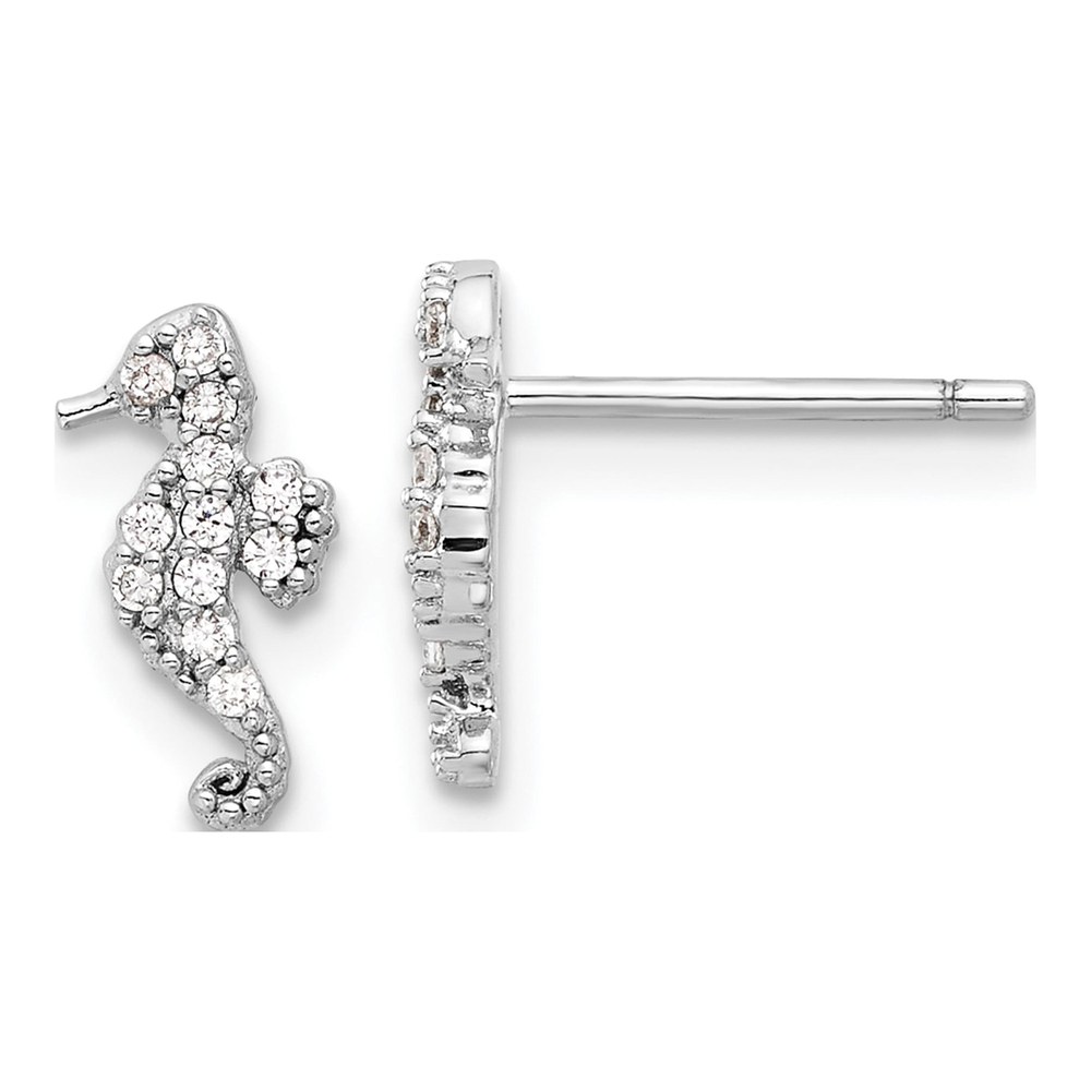 Sterling Silver Round CZ Seahorse Stud Earrings
