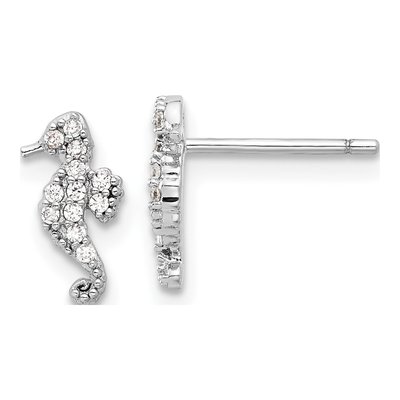 Sterling Silver Round CZ Seahorse Stud Earrings