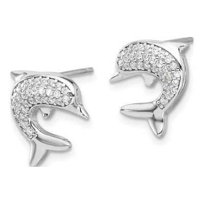 Sterling Silver Round CZ Dolphin Stud Earrings – view 3