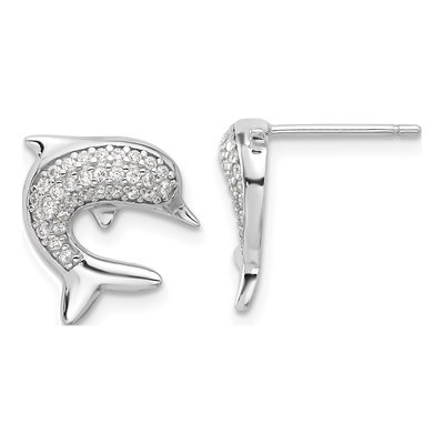 Sterling Silver Round CZ Dolphin Stud Earrings