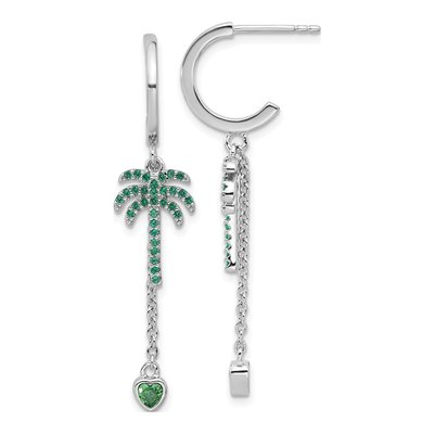 Sterling Silver CZ Palm Tree Heart Dangle Earrings