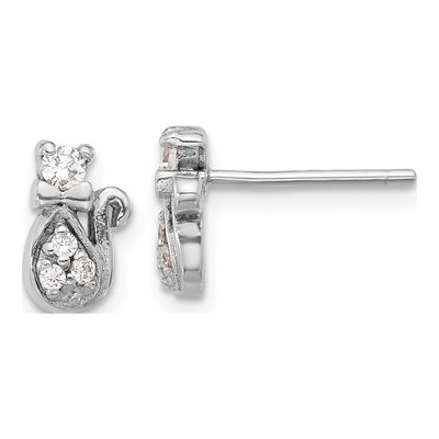 Sterling Silver CZ Cat Stud Earrings