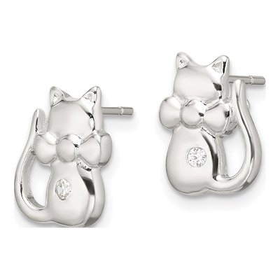 Sterling Silver CZ Cat Button Stud Earrings – view 3