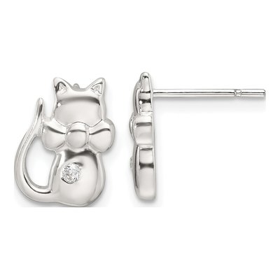 Sterling Silver CZ Cat Button Stud Earrings