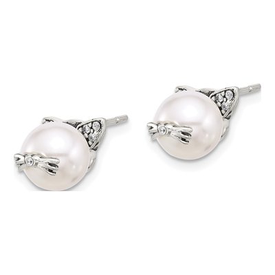 Sterling Silver Simulated Pearl & CZ Cat Stud Earrings – view 2
