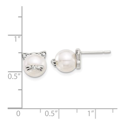Sterling Silver Simulated Pearl & CZ Cat Stud Earrings – view 4