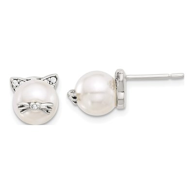 Sterling Silver Simulated Pearl & CZ Cat Stud Earrings