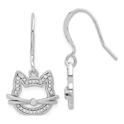 Sterling Silver CZ Cat Head Dangle Earrings